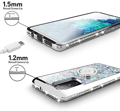 Silverback for Samsung Galaxy S20 FE 5G Case, Moving Liquid Holographic Sparkle Glitter Case with Stand, Bling Diamond Ring Protective Galaxy S20 Fan Edition Case for Girls Women -Silver