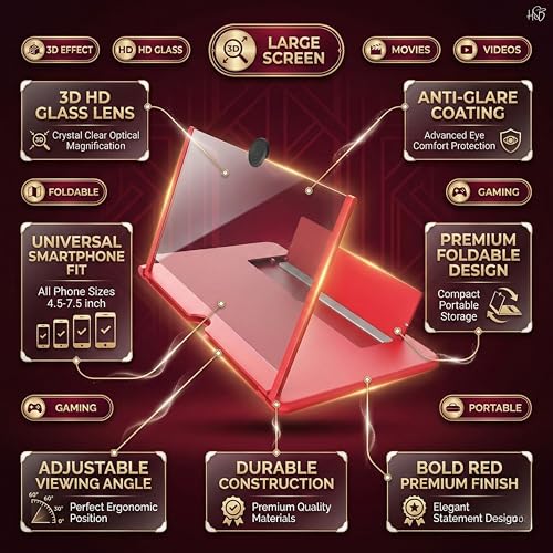Image of Drumstone 12 Inch Mobile Screen Magnifier with Foldable Stand, Portable Phone Screen Enlarger for Movies, Videos & Gaming, Hands-Free Smartphone Viewing (Red)