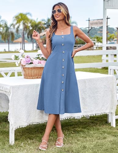 Image of GRACE KARIN Women's Summer Dress 2025 Casual Square Neck Flattering A-Line Button Down Midi Tank Sundress with Pockets