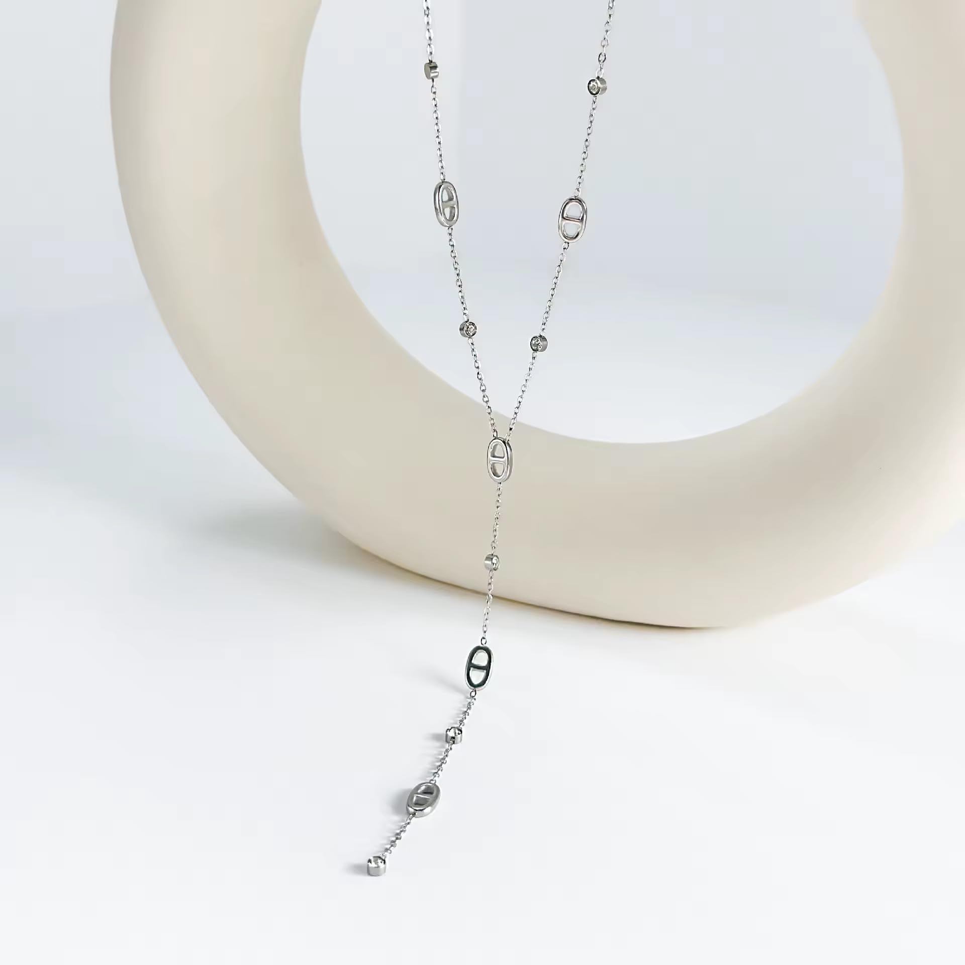 collier sautoir chaine en y - pendentif nez de cochon et strass - maille marine - acier inoxydable- argent ou or - collier personnalisé-collier tendance
