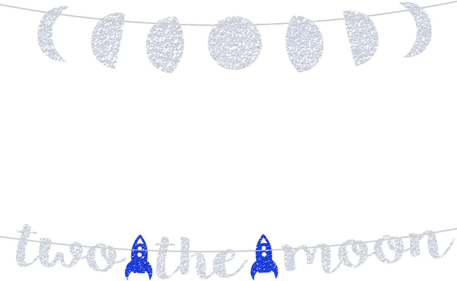 LetDec Two the Moon Birthday Decorations Silver Glitter Two the Moon Party Banner for Outer Space/Galaxy Astronaut/Space Man/Robot UFO Theme Baby Boys 2nd Birthday Party Supplies Decorations