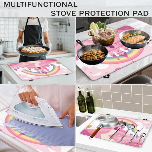 Image of Pink Princess Castle Glass Top Stove Cover Protector,Rainbow Heat Resistant Stove Top Cover, Large Size Range Covers for Electric Stove Countertop Mat, 28 x 20 Inch
