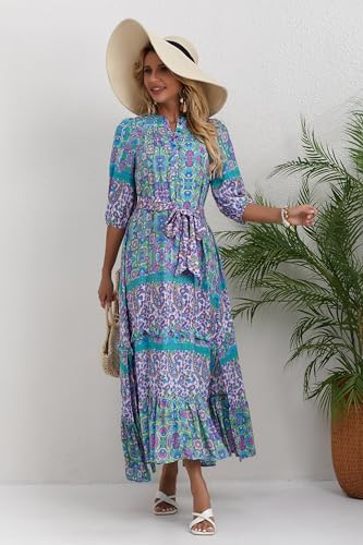 Image of Women Boho High-Waist Floral Print Maxi Dress 3 /4 Sleeve Casual | Soft Rayon, Breathable, Quick-Dry. High-Waist with Adjustable Belt, Flattering Hem. Ideal for Beach, Work & Dating.