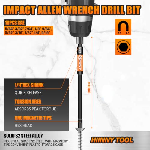 Image of SAE Impact Allen Wrench Drill Bit Set,10PCS 4 inch Long Hex Bit Set, 1 /4 inch Hex-Shank S2 Steel,Impact Driver Bit Set, Magnetic CNC Tips for Drill & Driver with Storage Box