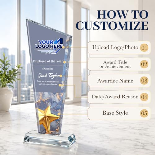 Image of Custom Crystal Trophy Award Personalized Plaque Award with Text Logo Photo Awards Trophies for Employee Recognition Team Graduation Personalized Office Gifts for Boss Coworker Teacher