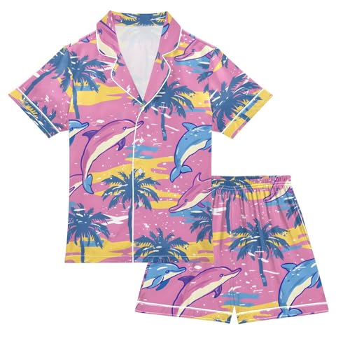 ALAZA Color Wave Palm Tree Dolphin Satin Pajamas Set Short Sleeve Button Down Sleepwear Summer Pjs 2 Piece
