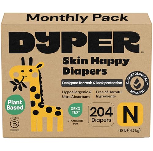Image of DYPER Monthly Pack Newborn Diapers Size 0 (204 Count) - Leak-Proof & Plant Based, Hypoallergenic, Fragrance Free & Ultra Absorbent Diapers Newborn for Day and Overnight Skin Protection