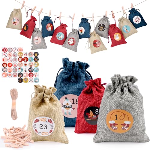 Calendario dell’Avvento 2025 da Riempire – 24 Sacchetti in Juta con Adesivi Numerati, Mollette e Spago – Kit Fai-da-te per Decorazioni Natalizie per Bambini, Donne e Uomini