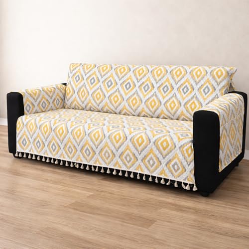 Image of House of Quirk IKATRA Series Quilted Printed Sofa Cover for Indian Sofa Set with Side Pocket - Premium Washable, Anti-Slip, Durable & Ultra Soft Fabric Protector (Sunburst, Four Seater)