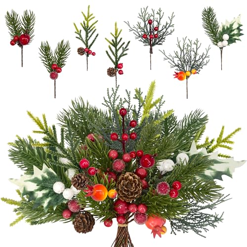 YMIFEEY 20pcs Künstliche Tannenzweige mit Tannenzapfen, roten Beeren,...
