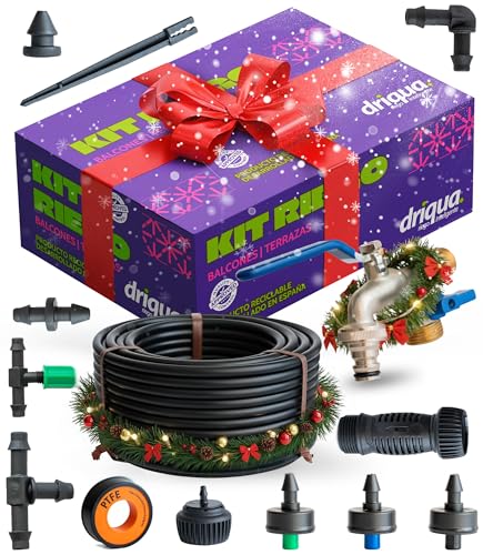 Kit de Riego por Goteo Balcones Terrazas y Huerto Urbano Sistema Completo 20-25 Macetas con Grifo Doble Latón Reductor Presión Goteros Autocompensantes Microtubo 25m Instalación Fácil sin Electricidad