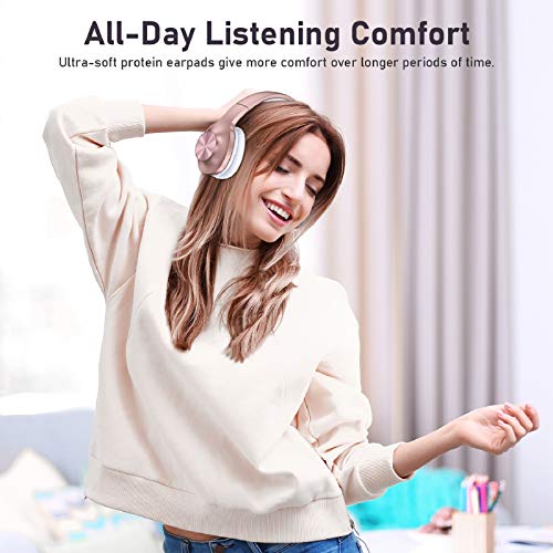 LETSCOM Bluetooth Headphones, 100 Hours Playtime Bluetooth 5.0 Headphones Over Ear with Deep Bass, Hi-Fi Sound and Soft Earpads, Built-in Mic, Wired/Wireless Headset for Home Office-Rose Gold - Thumbnail 3