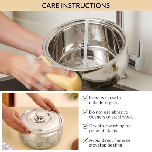 Image of Nestasia Stainless Steel Insulated Casserole with Lid (3000 ml) - 100% Food Safe Casserole for Roti Hot Case with Floral Vine Pattern - Keeps Food Hot & Cold | Rust Resistant & BPA - Free