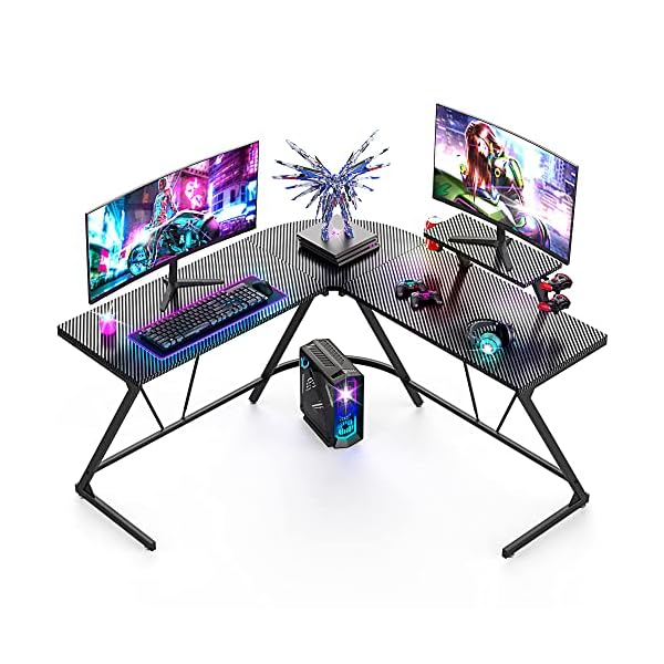 Mr IRONSTONE L Shaped Corner Computer Desk 50.8” With Durable Carbon Fiber Surface, Home Office Desk with Large Monitor Metal Stand, Cup Holder/ Headphone Hook(Powder Coated,MDF Board,Black)