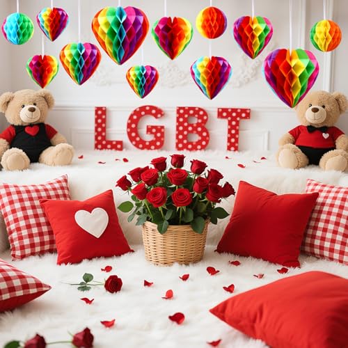 Image of BOARDFEB 12 Pcs Rainbow Pride Heart Round Paper Honeycomb Balls Pride Decorations, Heart Sshaped Honeycomb Ball Pendant Suitable for LGBT Parade Parties Celebrations Birthday Wedding Decorations