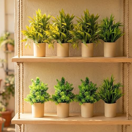 Image of Dekorly Artificial Potted Plants, Artificial Plastic Eucalyptus Plants Small Indoor Potted Houseplants, Small Faux Plants for Home Decor Bathroom Office Farmhouse (Cylinder Brown Pot-8)