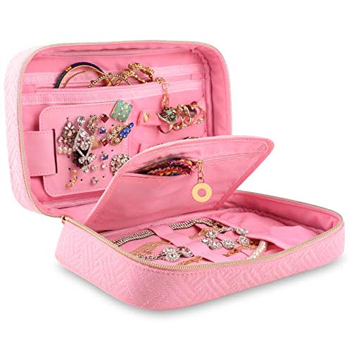 Portable Small Travel Jewelry Case Organizer for Women, Faux Leather Pink Jewelry Travel Organizer for Earrings, Necklaces, Bracelets, Rings.