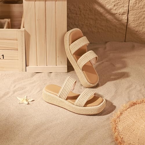Image of Erocalli Platform Sandals Women Brown Wedge Espadrille Sandals Slip on Summer Beach Raffia Sandal Comfortable Open Toe Dressy Outdoor Cute Two Straps