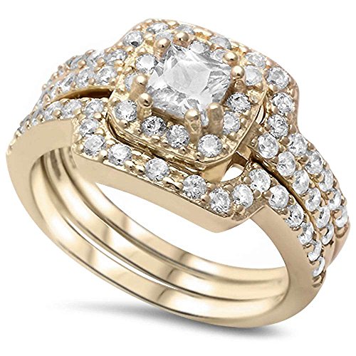 Oxford Diamond Co Yellow Gold Plated Silver 3 Piece Cubic Zirconia Ring Engagement Wedding Set Sizes 6