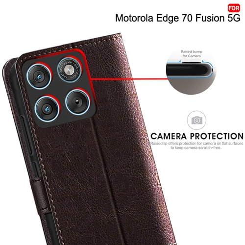 Image of TheGiftKart Flip Back Cover Case for Motorola Moto Edge 70 Fusion 5G | Dual-Color Leather Finish | Inbuilt Stand & Pockets | Wallet Style Flip Back Cover Case (Faux Leather, Coffee & Brown)