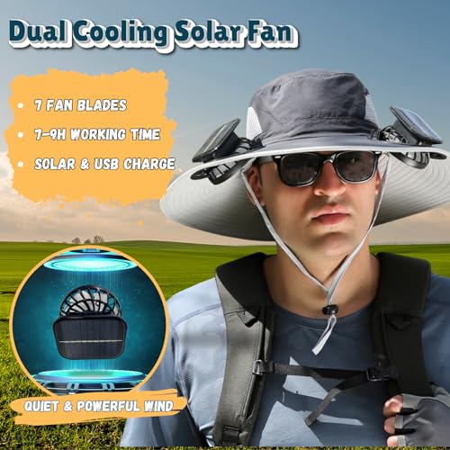 Image of Outdoor Wide Brim Sun Hat with 2 Solar Fan Sun Bucket Hat for Men Women UPF 50+ Bucket Fishing & Beach Hat with Fan Built in