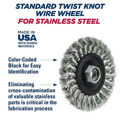 Image of Weiler 13113 Dualife 5 /8 inch-11 Arbor, 0.014 inch Wire Size, 4 inch Diameter, 1 /2 inch Face Width, 302 Stainless Steel Bristles, Standard Twist Knot Wire Wheel Brush, 0.014 Wire Size / 5 /8 inch-11 UNC Arbor, Made in the USA