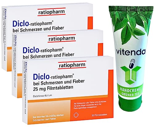 DICLO-RATIOPHARM 25mg 3x20 Tabletten inclusive einer Handcreme von vitenda - bei Schmerzen und Fieber