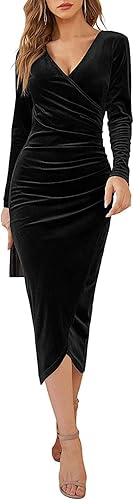Elegant Velvet Dress for Women Wrap V Neck Long Sleeve Split Bodycon Ruched Cock