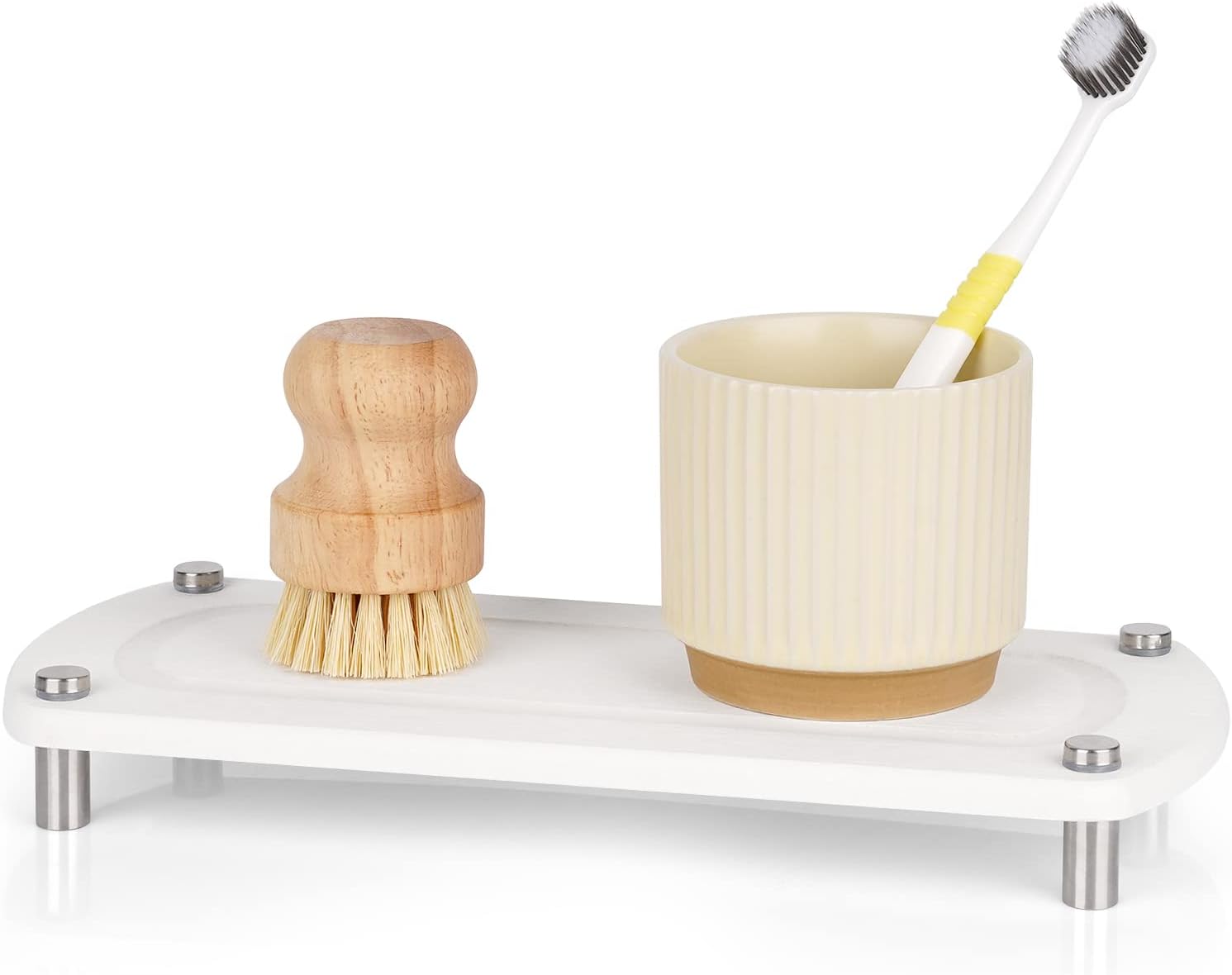 Sink Caddy Instant Dry Kitchen Sink Organizer Sponge Holder for Kitchen Sink Diatomaceous Pedestal Stand Riser with Stainless Steel Feet Protection for Modern Home (White)