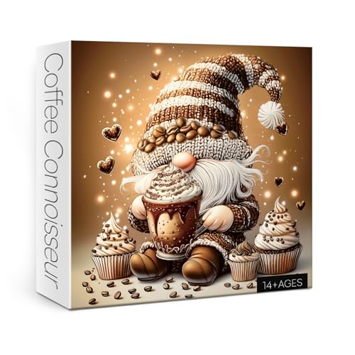 Larkipuzz Funny Gnome Coffee Jigsaw Puzzle 1000 Piece for Adult, Art Elf Food Cupcake Jigsaw Puzzles, Hard Cute Aesthetic Challenging Puzzle