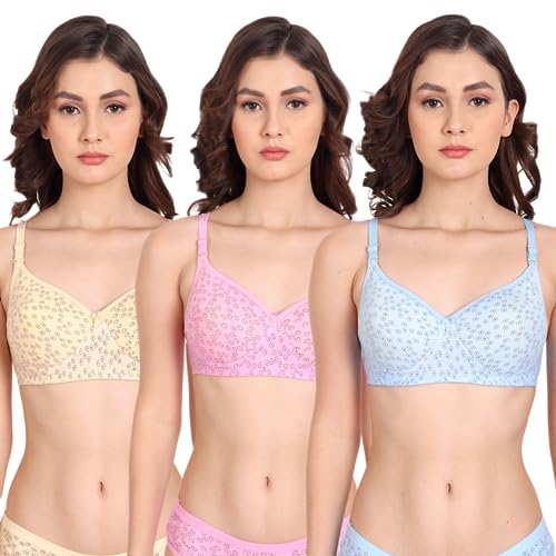 Image of Women Flower Printed Padded Bra - Made of Pure Cotton Full Coverage Non Wired Soft Cup for T-Shirt Saree Dress for Everyday