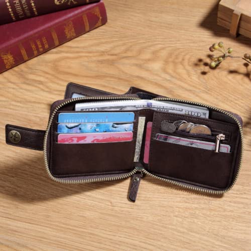 Image of INKMILAN Men's Short Purse Retro Horizontal Zipper Wallet, Soft PU Leather Trifold Stylish Zipper Coin Pocket Wallet, Multi-Function Document Bag for Birthday Gift Father, Boy Friend (Dark Brown)