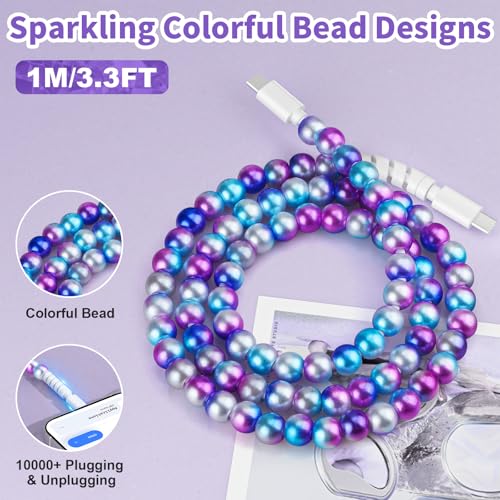 Image of VOFUOE USB C Cable for iPhone 16 Beaded Charging Cord Fast Charging Cable for Girls Women 3.3FT Colourful Pearls Type C Cable for iPhone 15, for iPad A16 11th, for Galaxy S25- Purple Blue Gradient