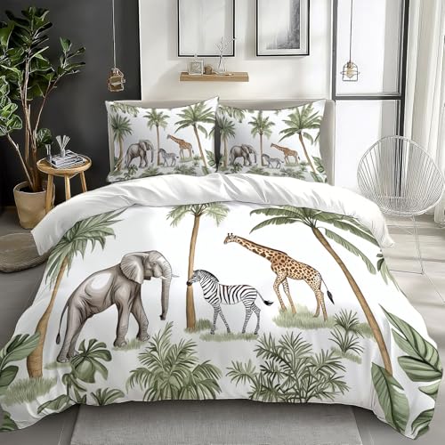 Housse de Couette 90 x 190 cm Palmier de la jungle Arbre - Animal zèbre guépard Parure de Lit Enfant Adulte 2 Personnes avec Fermeture Éclair Sets de Housse...
