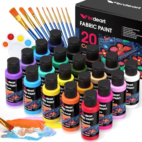 Verdeart Fabric Paint, 20 Colors Permanent Soft Fabric Paint Set for Clothes in Bottles (60ml/2oz)...