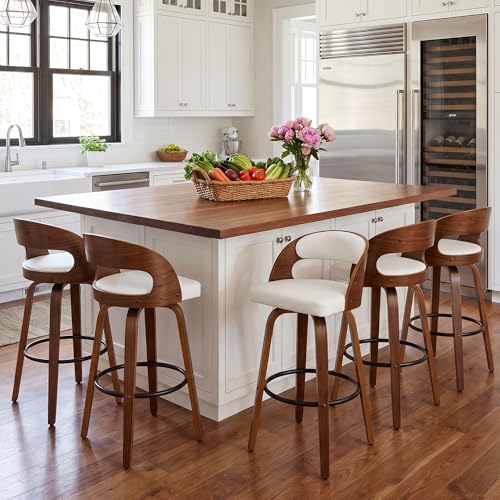 Image of AQG Swivel Bar stools Set of 4 Bar Chairs 26 inch Counter Height Mid-Century Modern Bentwood Barstool PU Leather Upholstered Bar Chair with Back and Footrest, for Bar, Cafe, Dining, Kitchen Island, White