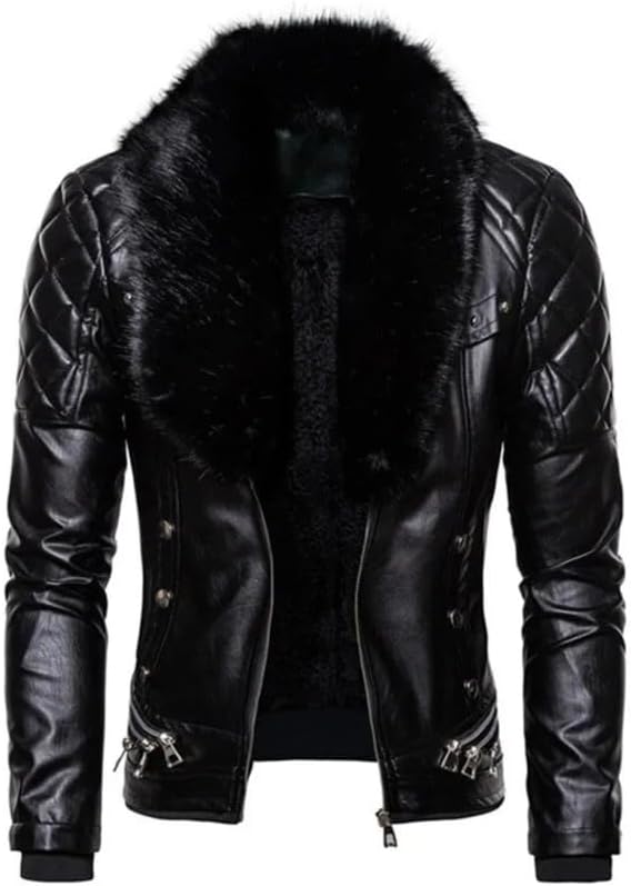 Fitshop Motorcycle Bomber  faux Leather Jacket Men Autumn Turn Down Fur Collar Cafe Racer Black Leather Jacket medium