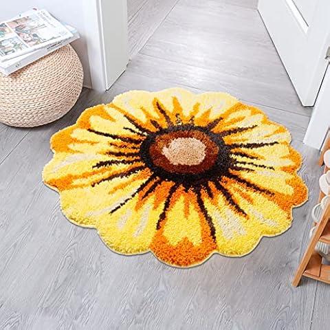 ChenXRug Sunflower Rug Mat 27.6 Inch Cute Flower Shape Bathroom Rug Non Slip Absorbent Bath Mat Area Rug Plush Tub Floor Rugs for Bedroom,Living Room (Yellow) Cover