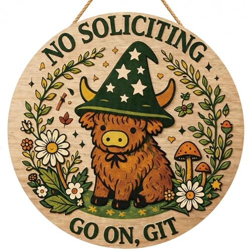 Image of No Soliciting Sign for House | Rustic Round Wood Wreaths Hanging Sign for Front Door - Cute Highland Cow Witch Hat Front Porch Garland Decor for Door Wall Room Porch Kitchen