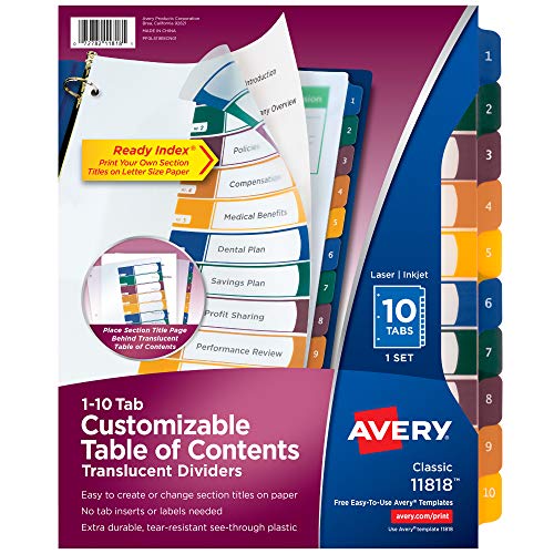 Avery Plastic 10 Tab Dividers for 3 Ring Binders, Customizable Table of Contents, Multicolor Tabs,1 Set(11818),Multi-Color