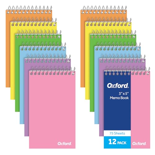 Image of Oxford Spiral Memo Pads, Top Wire Bound, 3 x 5 Inch Pocket Notepad, College Ruled, 6 Assorted Pastel Colors, 75 Sheets, 12 Pack (25093)