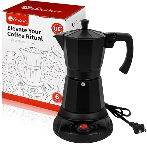 Suiitat Black Aluminum Electric Moka Pot, 3 or 6 Cups Espresso Maker with Dose Reduction Plate