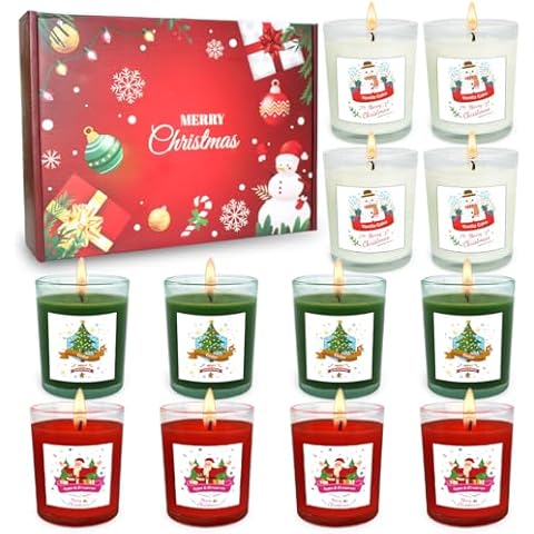Set of 12 Christmas Themed Scented Votive Candles in Glass, Small Red Apple&Cinnamon, Green Cedar and White Vanilla&Cake Candles with Snowman, Santa Claus and Pine for Holiday Home Decor, ‎2"W x 2.4"H Cover
