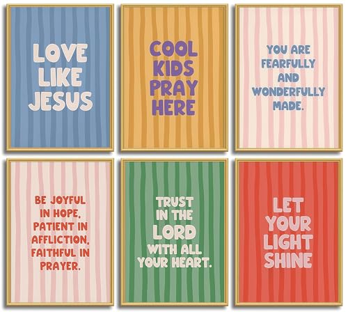 6Pcs Children's Bible Verse Wall Art Cute Colorful Kids Striped Posters Prints Pictures Christian Inspirational Quotes Canvas Paintings Wall Decor for Boy Girl Bedroom Home Decoration 8x10in Unframed