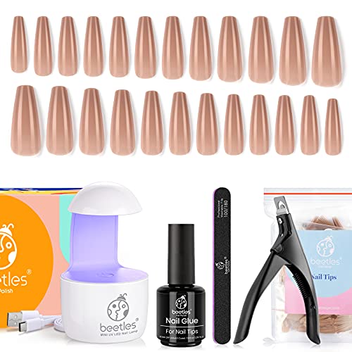 Beetles Acrylic Nail Tips Nail Glue Lamp Kit, 7.5ML Nail Glue Gel with Long Coffin False Nail Sheer Nude Pink Color and UV LED Nail Lamp for Nail Extension DIY Nail Art