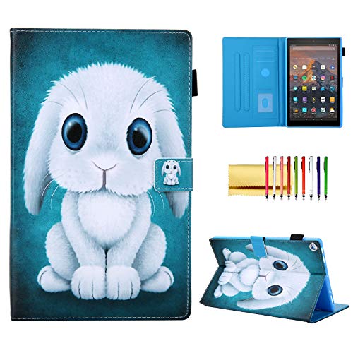 Top Brands Folio Case for Fire HD 10 (9th/7th/5th Gen, 2019/2017/2015), Techcircle Smart Stand PU Leather Magnetic Flip Protective Cover with Card Slots & Stylus Pen Holder, Support Sleep/Wake, Cute Rabbit