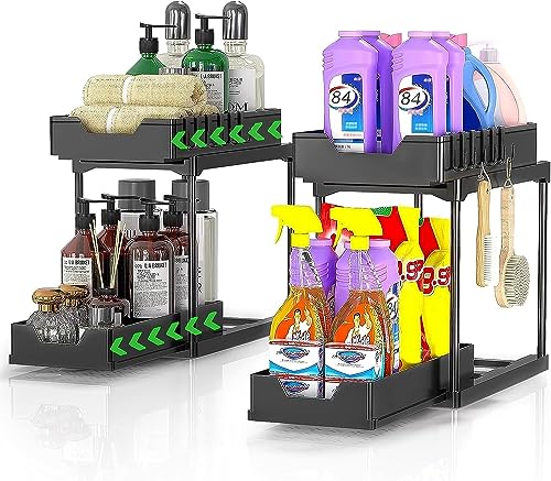 Meltrck Organizer Sottolavello Cucina a 2 Livelli - 2 Pezzi Scaffale Estraibile per Lavello, Portaoggetti Sottolavello con 16 Ganci, Organizer per Armadio Sottolavello Cucine, Nero