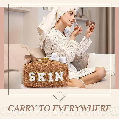 Paterr 4 Pcs Chenille Letter Preppy Patches Makeup Bag Plush Fuzzy Makeup Pouch Hair Skin Face Stuff Bag Large Cosmetic Purse Zipper Travel Toiletry Kit for Spring Gift(Pink Brown Colors)4