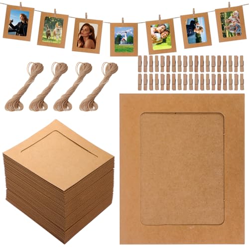 lakudayy 40 Stück Fotogirlande 11.5 * 15.5 cm Fotorahmen für Mehrere Fotos aus Pappe Fotoleine mit Klammern DIY Bilderrahmen Wanddekoration für Hochzeit Party Jubiläum Deko Foto Banner (Cowhide)