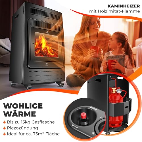 KESSER® Gasheizer Gasheizofen Heizstrahler 3,4 kW Gas Kamin inkl. Gasdruckregler & Gasschlauch, 2 Heizstufen Infrarot 3400W Gasheizstrahler Gasheizung Butan- oder Propangasflaschen bis 11kg Schwarz